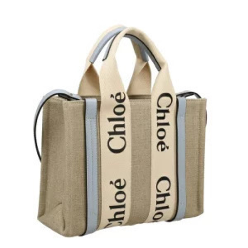 Chloe Beige White Woody Bag Tote Blue White Blue